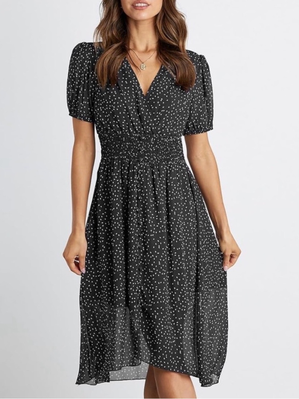 NWOT • Pretty Garden Black White Swiss Dot Smocked Midi Dress XL Style 7041